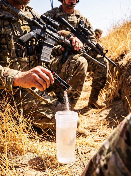 Person in camouflage pouring a T.O.T. stick into a clear shaker outdoors, with another person seated nearby.