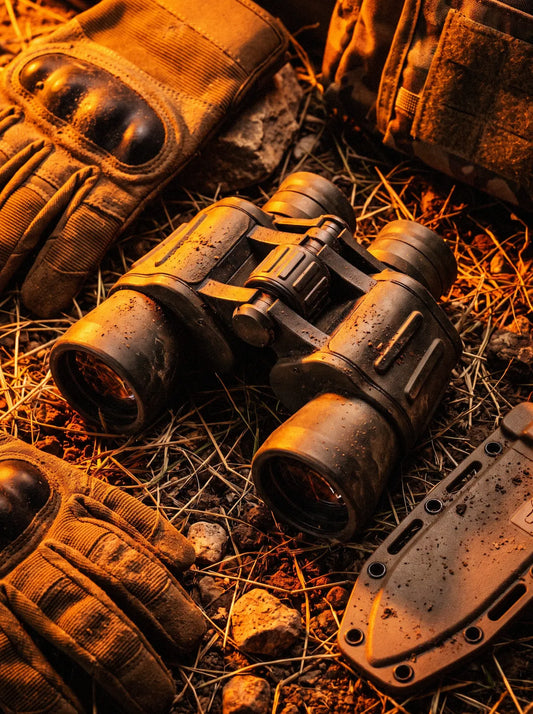 Binoculars, gloves and a sheathed knife on grass under warm orange lighting.