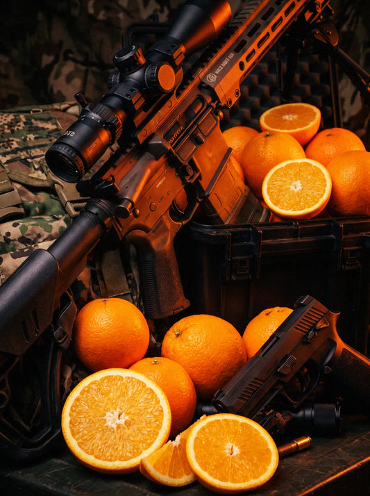 Whole and sliced oranges arranged with a rifle and handgun on a black equipment case.