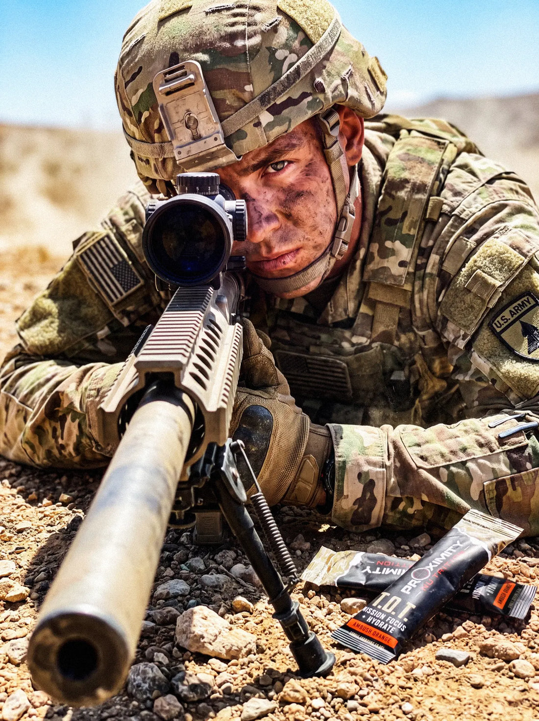 Person in camouflage aiming a scoped rifle outdoors with T.O.T. stick packs on the ground.