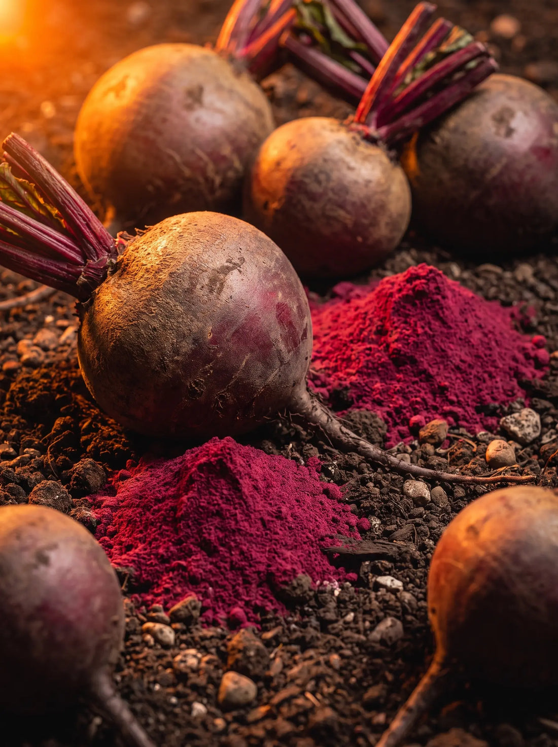 Whole beets and piles of red powder on rocky ground.