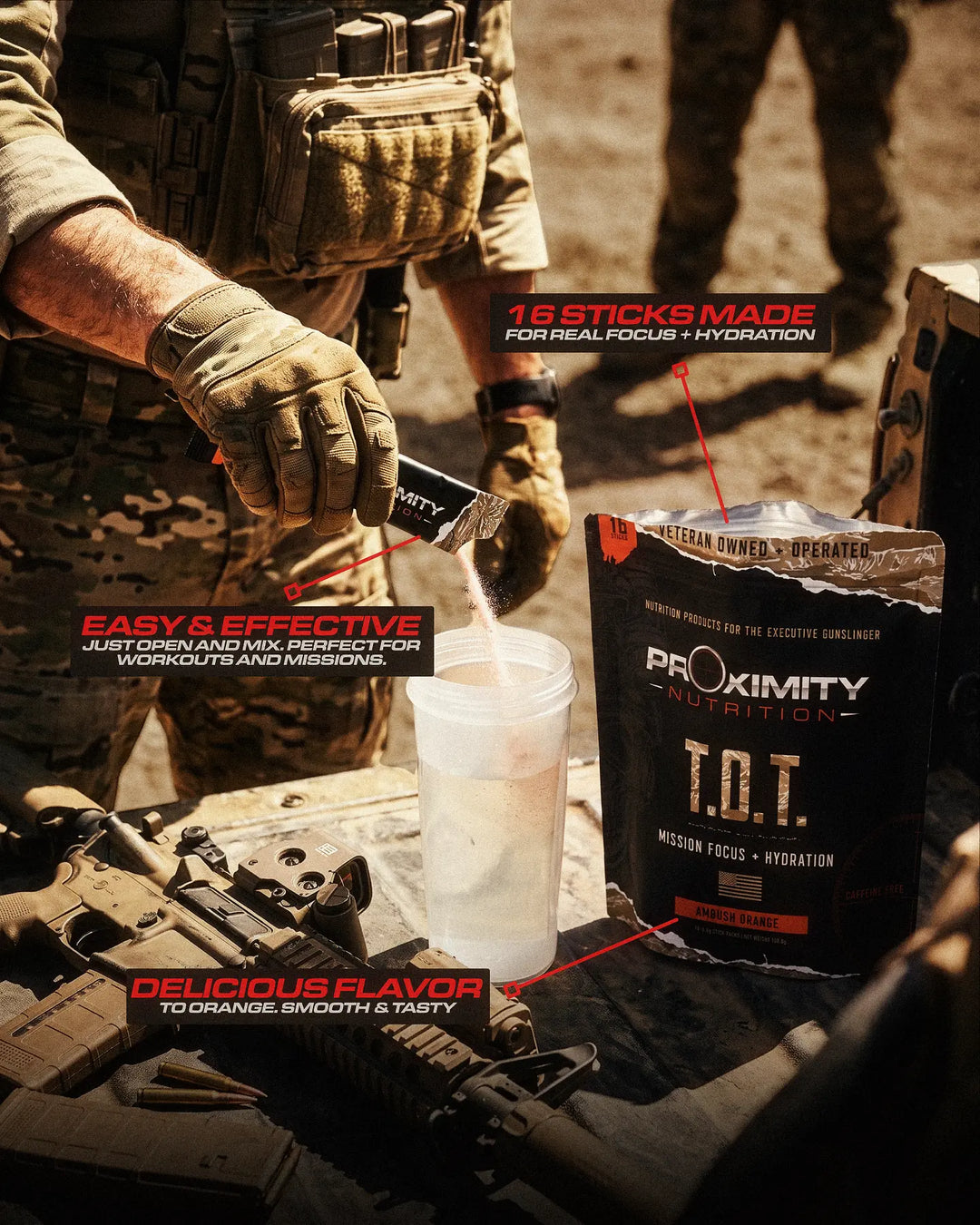 Person in camouflage pouring a T.O.T. stick into a shaker beside the pouch; callouts show 16 sticks and open-and-mix directions.