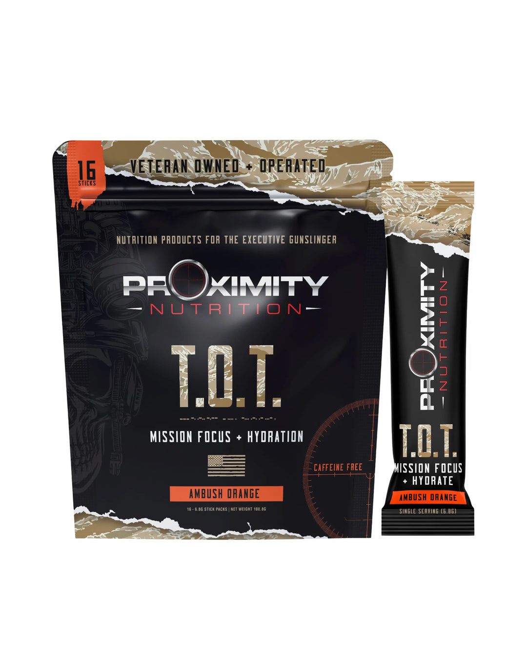 T.O.T. Ambush Orange pouch and one single-serve stick on a white background.