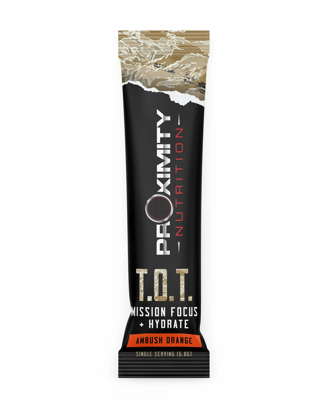 Front of a T.O.T. Ambush Orange single-serve stick pack.