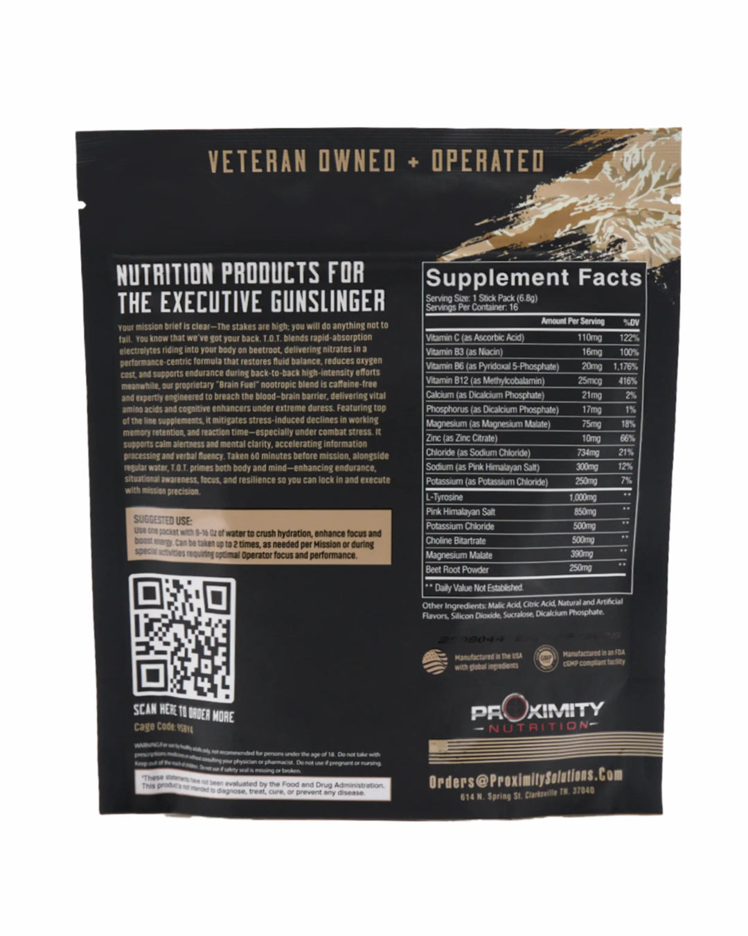 Back of the T.O.T. pouch showing Supplement Facts, directions, warnings and a QR code.
