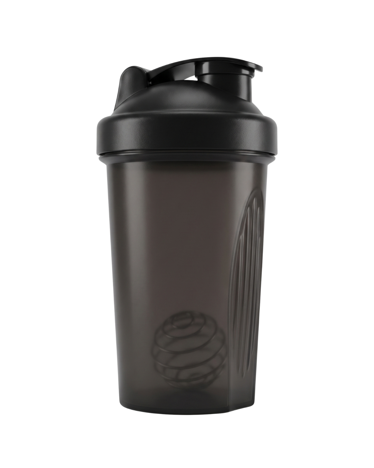 Smoke-black plastic shaker bottle with a black flip-top lid and mixing ball.