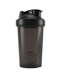 Smoke-black plastic shaker bottle with a black flip-top lid and mixing ball.
