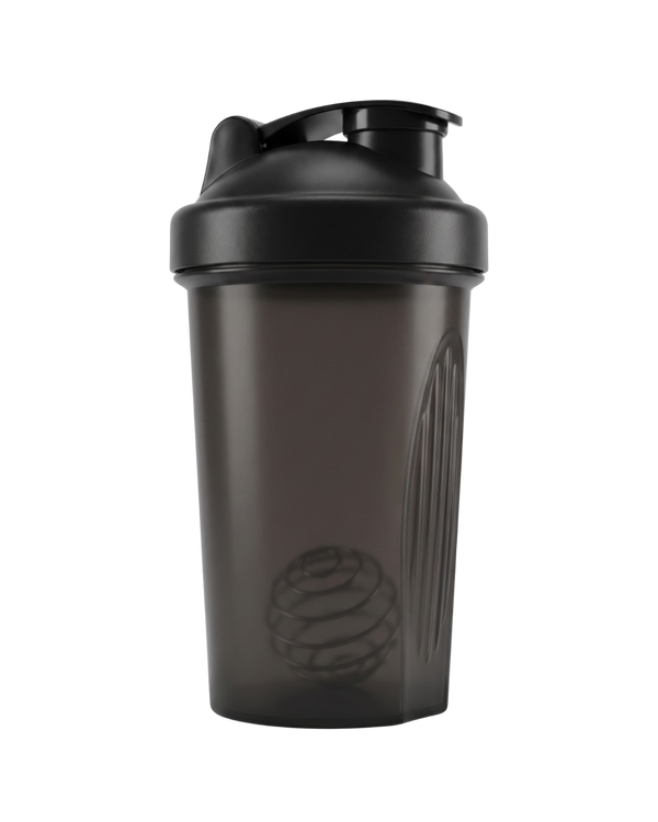 Smoke-black plastic shaker bottle with a black flip-top lid and mixing ball.