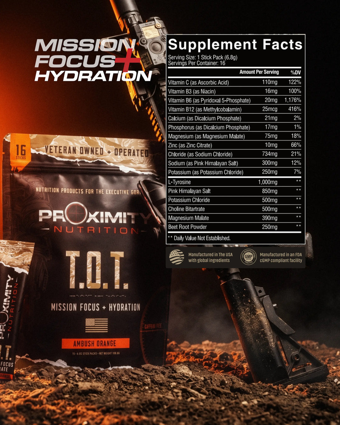 T.O.T. Ambush Orange pouch with an enlarged Supplement Facts panel.