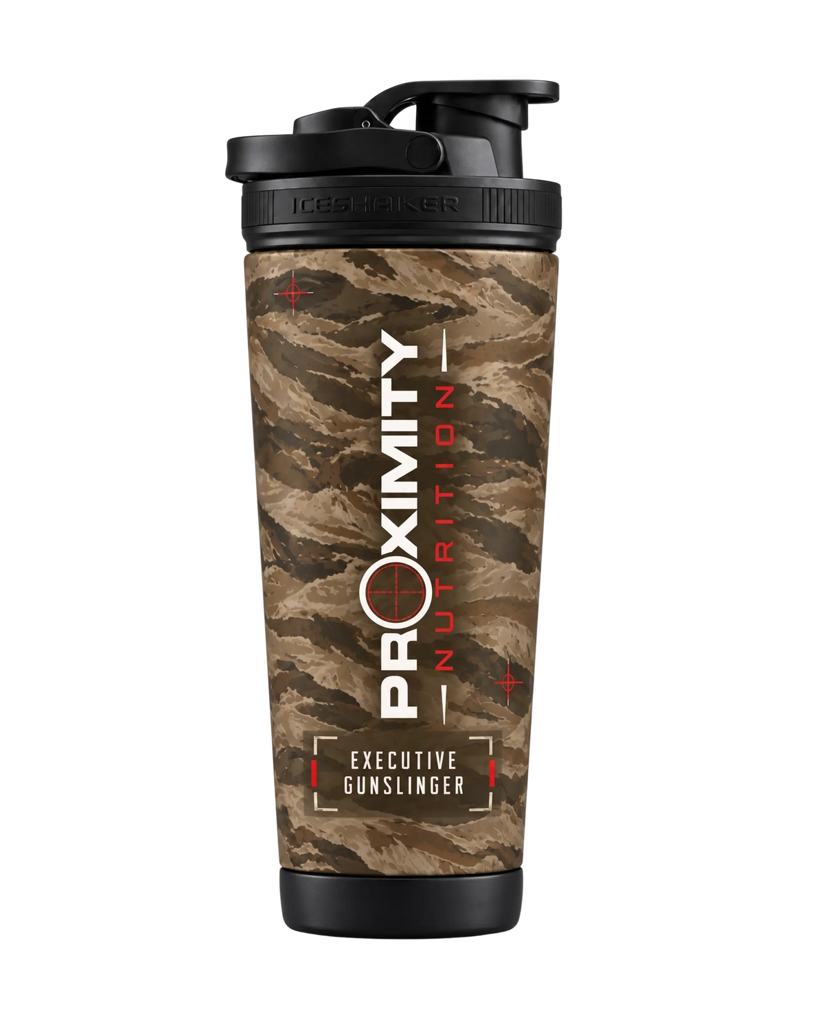 Proximity Nutrition Ice Shaker with tan camouflage, white and red graphics, and a black carry lid.