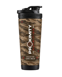 Proximity Nutrition Ice Shaker with tan camouflage, white and red graphics, and a black carry lid.