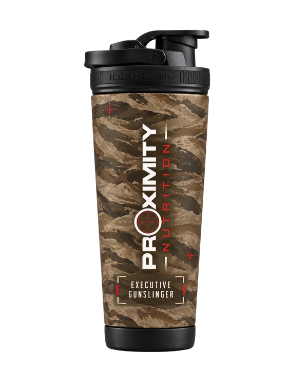 Proximity Nutrition Ice Shaker with tan camouflage, white and red graphics, and a black carry lid.